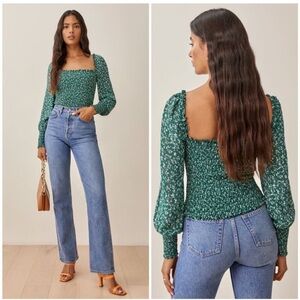 Reformation Parsley Green Floral Long Sleeve Pinto Blouse